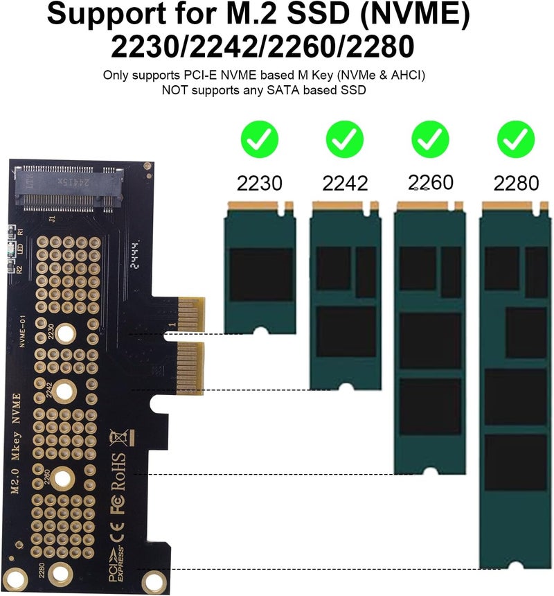 Poyiccot محول M.2 NVMe SSD إلى PCI-E 4.0 X1، بطاقة توسيع PCI-E M.2 NVMe، لوحات دوائر M.2 NVMe إلى PCIe X1، بطاقة توسيع SSD لسطح المكتب تدعم 2230/2242/2260/2280 - Image 3